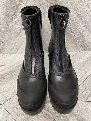 Michael Kors Lug Sole Black Channing Leather Faux Shearling Trim Rain Boots 8M • $81.71