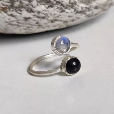 Black Onyx & Moonstone Ring 925 Sterling Silver Handmade Adjustable Ring AP585 • £10.04