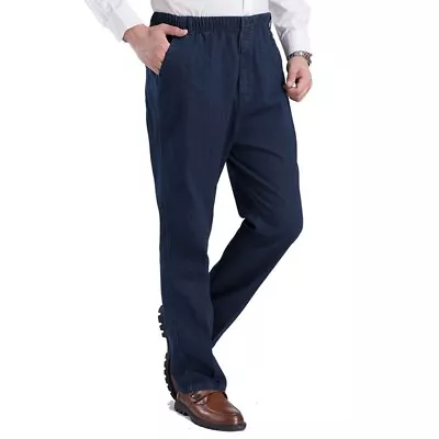 Men's Elastic Waist Jeans Casual Pants High Waist Loose Daddy Straight Leg Pants • $22.80