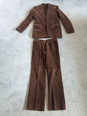 Pioneer Wear Corduroy Brown 2 Piece Suit Vintage 70's Leather Trim 40R 34x32 USA • $84.99