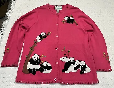 Vtg The Quacker Factory Panda Bear Sweater Women’s L Large Pink Ramie Cardigan • £24.09