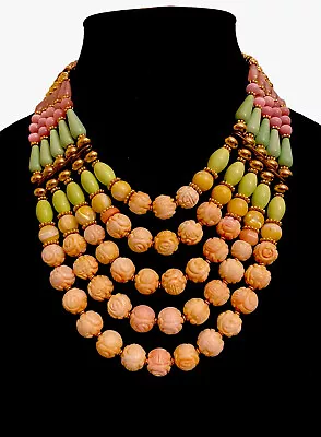 Masha Archer Five Strand Designer Necklace With Pink And Green Beads • $785