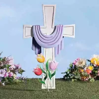 Easter Cross W/ Purple Draped Shroud And Lilies Metal Outdoor Garden Stake • $34.99