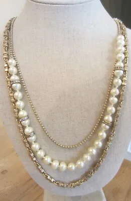$6.50 • Buy J.Crew Triple Strand Pearl Rhinestone & Gold Tone Chain Layered Necklace Signed