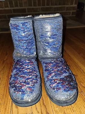 UGG Flip Sequin Boots..Silver To Red & Blue Women's Size 6..Pretty & Sparkly!! • $80