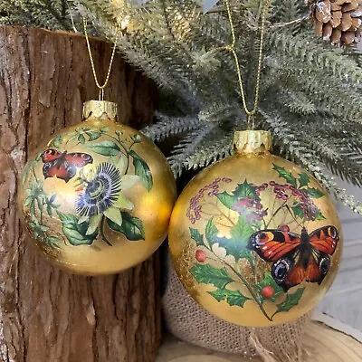 £13.99 • Buy 2x Gold Butterfly Passion Flower Christmas Tree Baubles Gisela Graham Vintage 