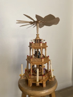 $65 • Buy Vintage German CHRISTMAS WOODEN WINDMILL CANDLE NATIVITY PYRAMID CAROUSEL