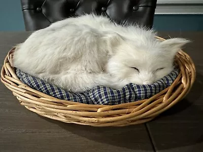 Realistic White Sleeping Cat In Basket Figurine Soft Real Feel Fur • $39.95