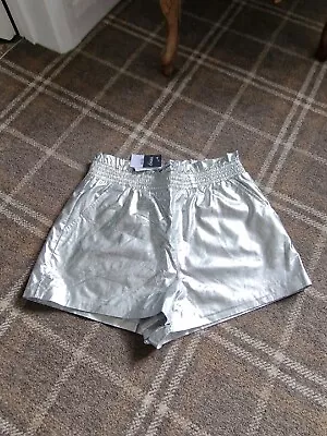 Topshop Metallic Silver Paperbag Shorts Size 14 Festival Shorts Holidays • £15