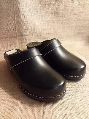 Moheda Toffeln Black Leather Slip-On Clog Sandals Mule Sz 41 /9.5 Sweden • $32