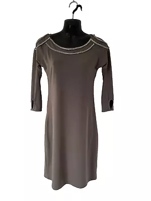 G Ladies Dress Brown Jersey Pencil Silver Chain Neckline Size S/m Uk 10 New Tags • $18.95