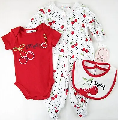 NWT Vitamins Girl's 3 Pc. Sweet Cherries Layette Set 0-3M 3-6M Or 6-9M • $13.79