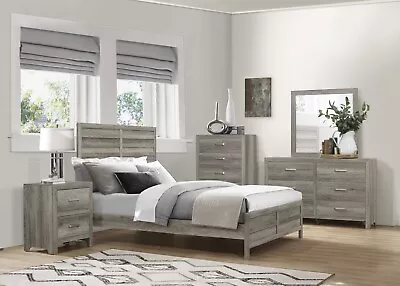 Rustic Weathered Grey Faux Wood Plank King Bed Ns Dresser Bedroom Furniture Set • $1299
