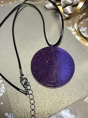 £3 • Buy Handmade Pendant- Resin- Round-Purple- Glitter- Pearlescent- Black Cord Necklace