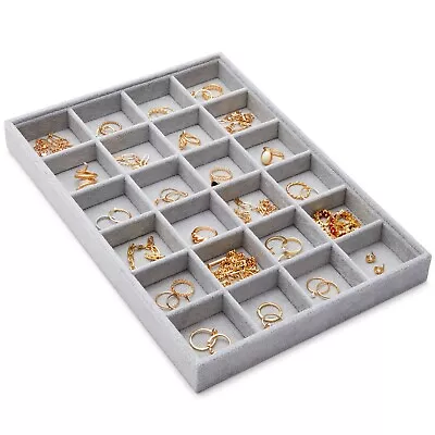 Velvet Jewelry Tray Stackable 24 Grid Organizer (Gray 14x10 In) • $17.99