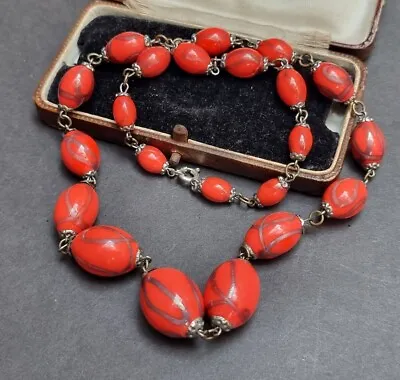 Hot Red Orange Lampwork Glass Applied Trail Vintage Necklace Venetian/ Czech • £24