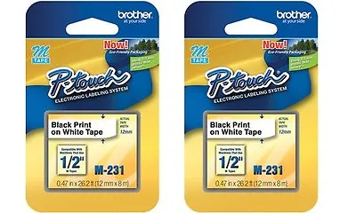 2 Packs - Brother P-Touch M-Tape 1/2 Inch - BLACK On WHITE --  M-231 • $14.50
