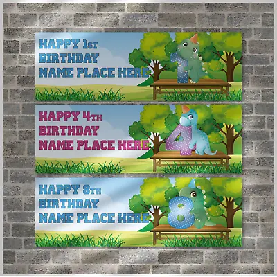 £3.69 • Buy 2 Personalised Happy Birthday Cute Dinosaur Banners- Ages 1 - 9 Years - Boy/girl