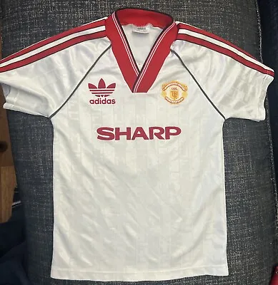 Original 1980s Adidas Manchester United Football Shirt Youth White Away Kit • $63.13