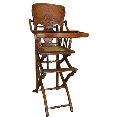 Antique High Chair Victorian Stroller Oak Pressback Child's Chair #21238 • $485