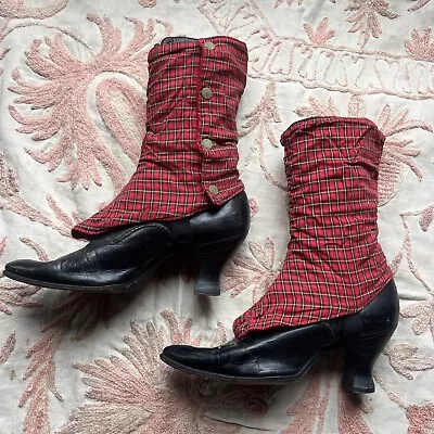 Antique Victorian Black Leather High Boots Shoes Lace Up & Red Plaid Shoe Covers • $250