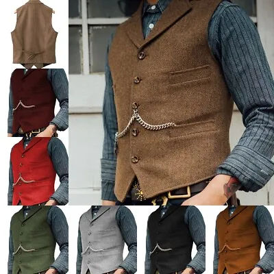 Mens Tweed Waistcoat Vests Wool Vintage Herringbone Notch Lapel Retro 3XL • $25.19