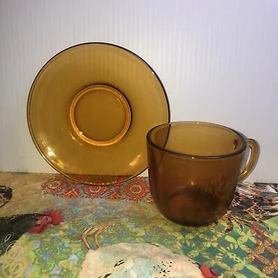 Vintage Duralex Vereco France Amber Glass Cup & Saucer  • $7.99