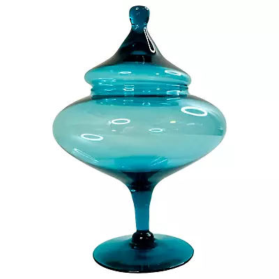 Blue Apothecary Jar With Lid Vintage Circus Tent Candy Dish Empoli Glass 8  READ • $40