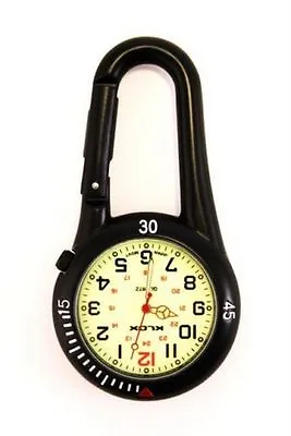Black Clip On Carabiner FOB Watch Luminous Face Ideal For Doctors Nurses Chefs • £8.49