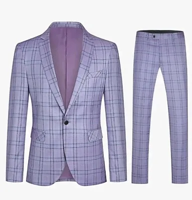 Cloudstyle Mens 2 Piece Plaid Suit Slim Purple Formal Suit 3XL • $52