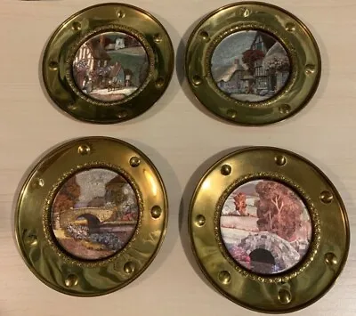 *Vtg Brass~Round Framed Pictures~Under Glass~Foil Art~English Cottages~Lot Of 4* • $34.95