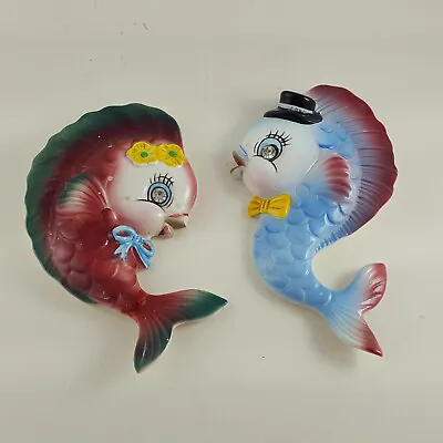 Vintage PY Ceramic Mermaid Fish Pair W/ Rhinestone Eye Wall Bath Decor REPAIRED • $74.95