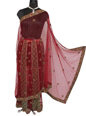 $39.99 • Buy Sushila Vintage Maroon Saree Net Mesh Hand Beaded Floral Designer Lehenga Sari