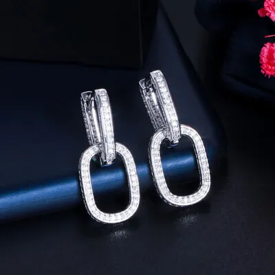 £8.24 • Buy Double Use Pave CZ Geometric Cuban Link Chain Rectangle Huggie Drop Earrings