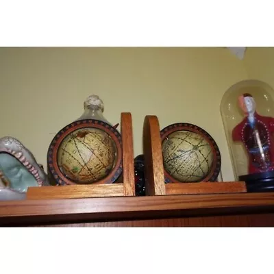 Vintage Spinning Globe Wooden Bookends Geography Antique Retro Mcm Art Deco • $21.52