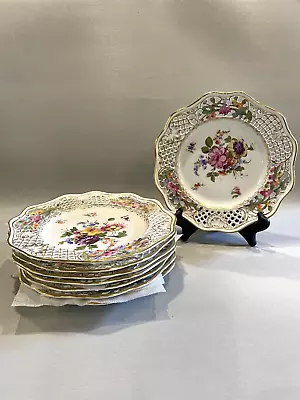 Set Of Eight Vintage Pierced Porcelain Hand Painted 9.5  Dresden Salad Plates • £375.31