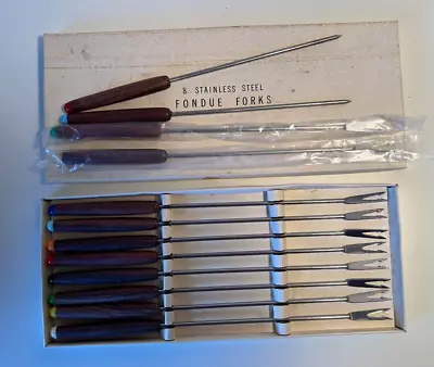 12PC Set VTG- 10 Wood Handle Color Tip Stainless Fondue Forks +2 Skewers W/box • $35