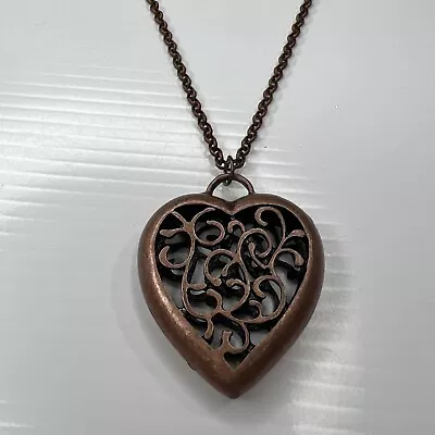 H3 Copper Tone Filigree Heart Long Chain Medallion Retro Necklace 40” • $6