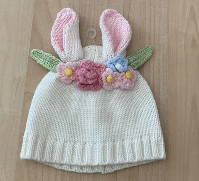 $4.99 • Buy Girls 6-12-18 Months Mud Pie Knit Bunny Beanie Hat Knitted Flowers Easter