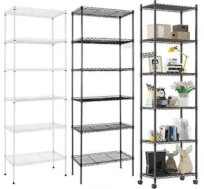 6 Tier Chrome Metal Storage Rack Shelving Wire Shelf Kitchen Office 4 Wheels NEW • £45.99