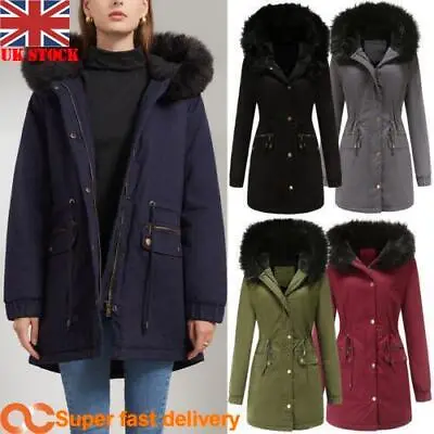 £6.99 • Buy Women's Warm Long Coat Fur Collar Hooded Jacket Slim Winter Parka Outwear New