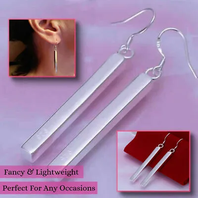 High Polished Long Bar Vertical Dangle 925 Sterling Silver Plated Drop Earrings • £3.99