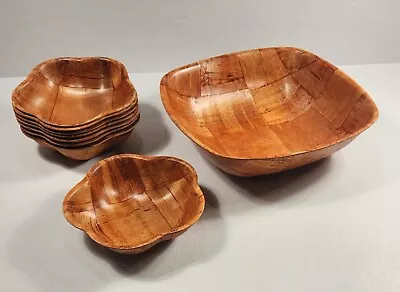 Vintage Serving Bowl Set Wood Woven Weave Bamboo  Mid Century  Salad  • $24.45