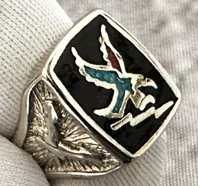 85 Silver Plated Crushed Turquoise Coral Eagle Men's Ring Size 8.25 • $30