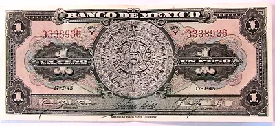 1945 Banco De Mexico One Peso AU+ Serie Y Paper Money Mexican Currency Banknote • $17