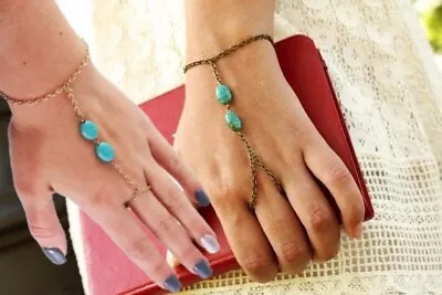 Womens Turquoise Beads Bracelet Hand Chain Bangle Slave Finger Ring Harness  • £3.88