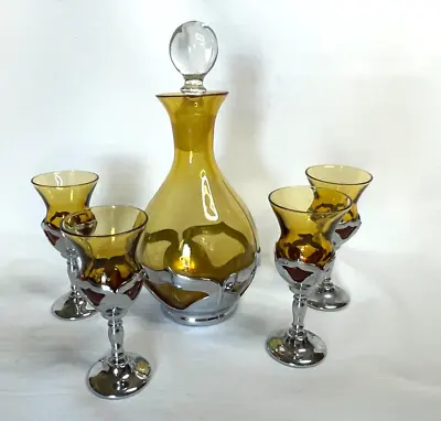 Vintage Farber Bros Krome Kraft Cambridge Amber Glass Decanter & 4 Cordials • $49.99