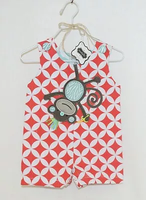 MudPie Monkey Shortall Red White Flower Geometrical Design Size 0 To 6 Months • $19.99