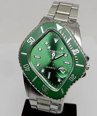 Men's Quartz Green Silver Tone Crash 42mm Watch Wristwatch Distorted Novelty Gag • $35