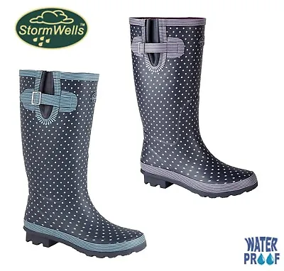 £32.95 • Buy LADIES WIDE FIT LEG Welly Boots Navy Lilac Spotty Wellingtons Size 3 4 5 6 7 8 9